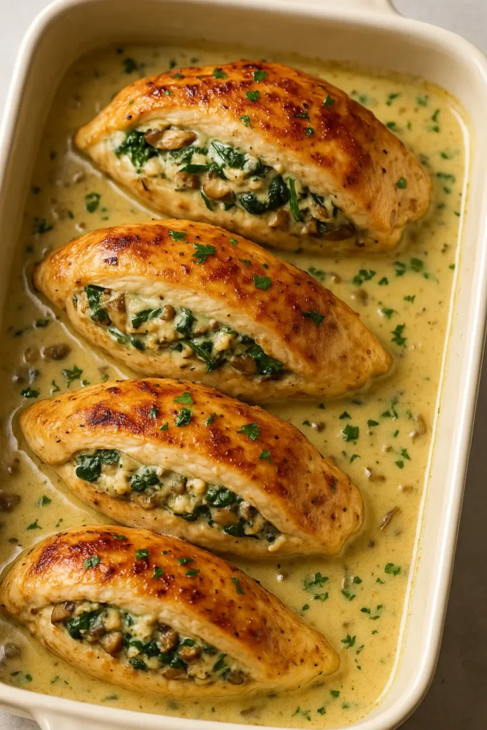 🍽️ Blancs de poulet farcis aux champignons, épinards et ricotta, sauce crémeuse