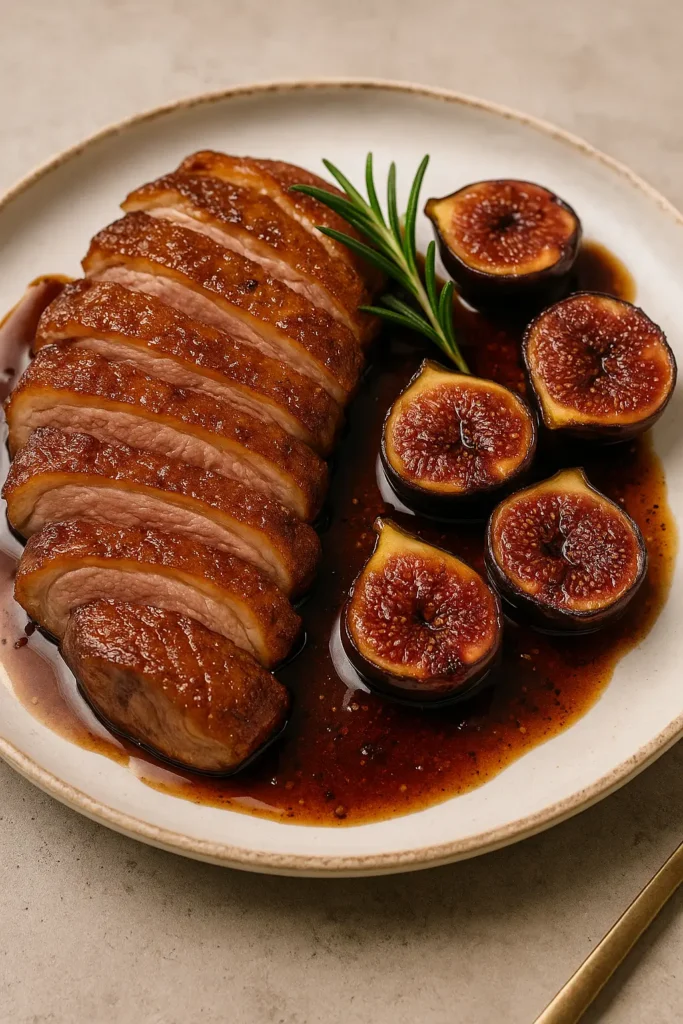 Filet de canard aux fleurs de sel, sauce au miel et balsamique, poêlée de figues