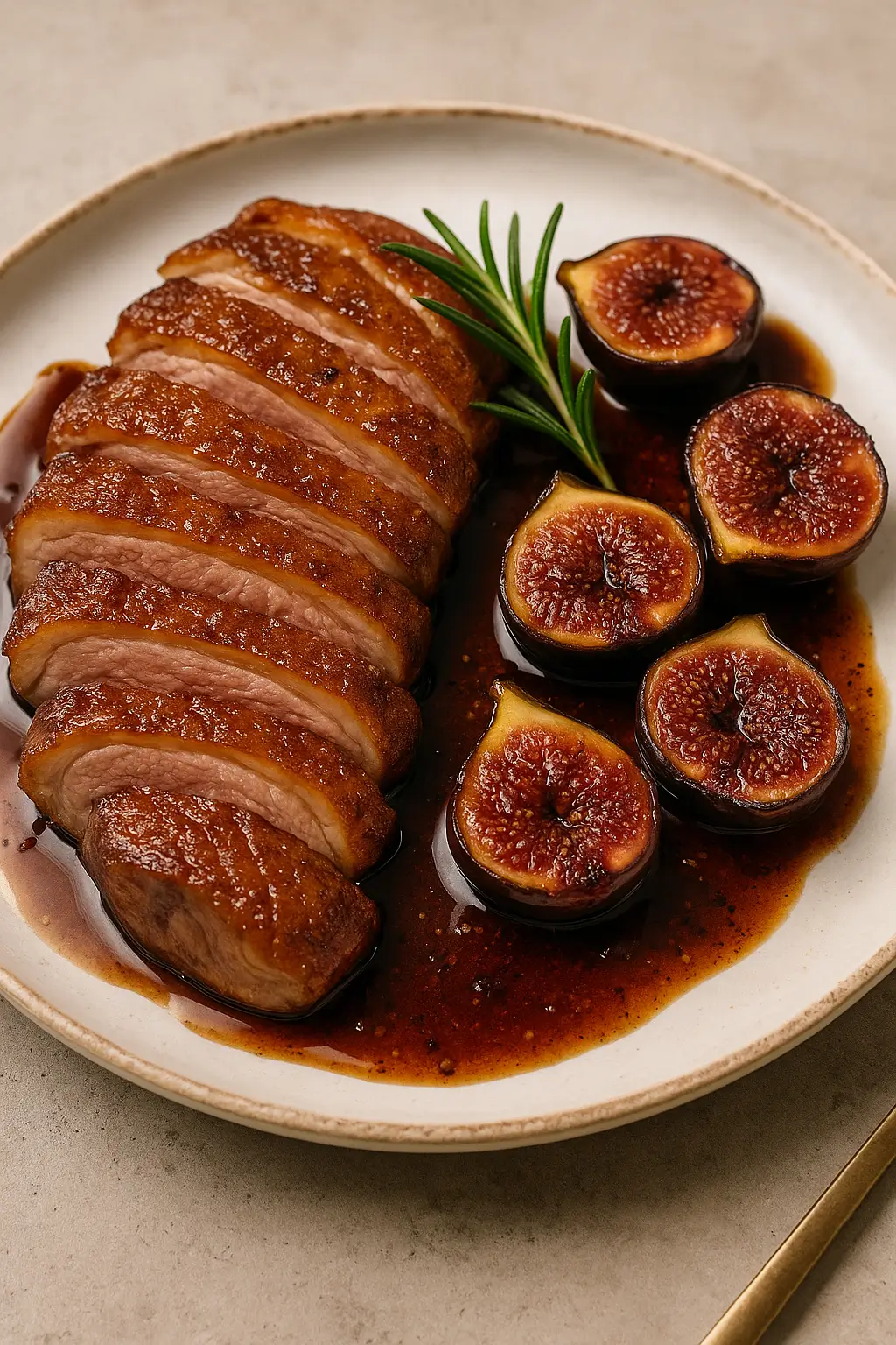 Filet de canard aux fleurs de sel, sauce au miel et balsamique, poêlée de figues