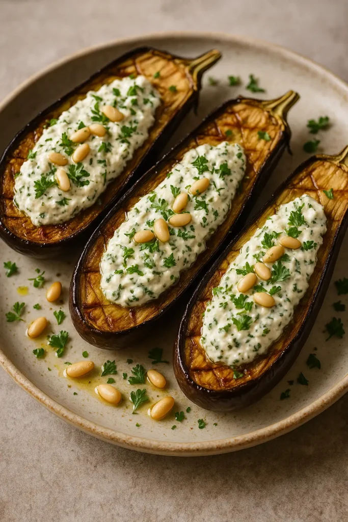 🧀🍆 Aubergines rôties farcies au fromage frais et herbes