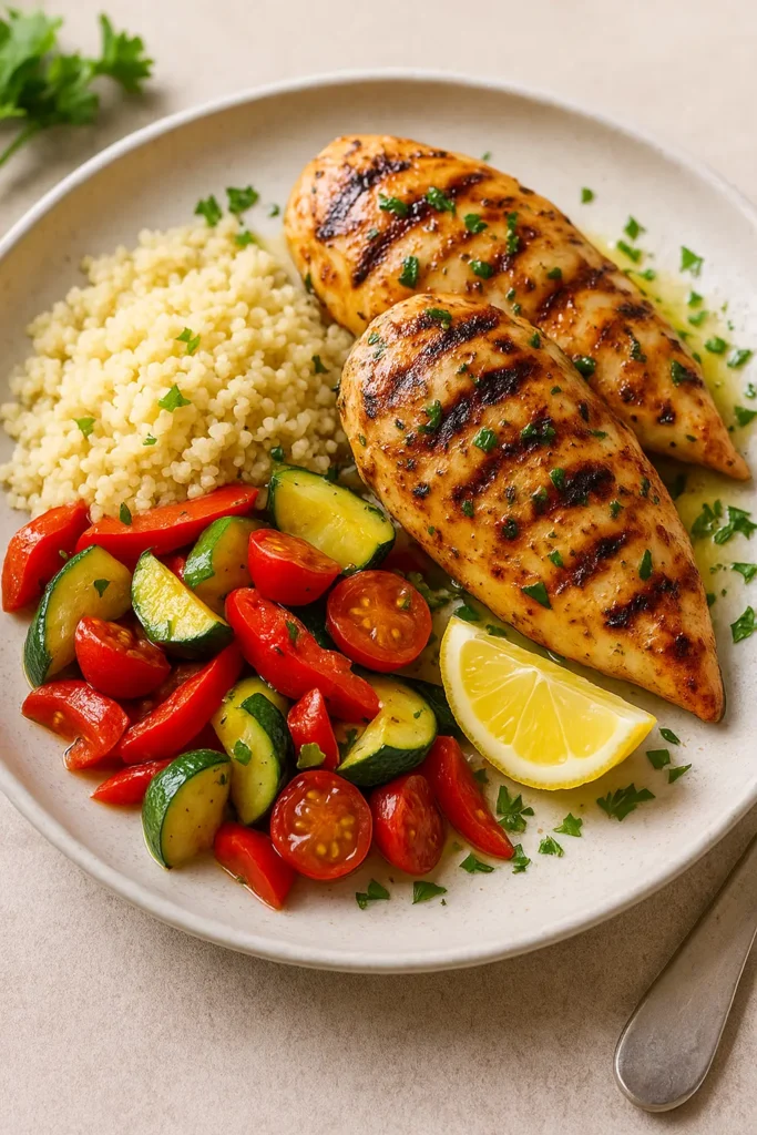 🥘 La Meilleure Recette Du Poulet grillé au citron et aux herbes, accompagné de légumes croquants et semoule fraîche