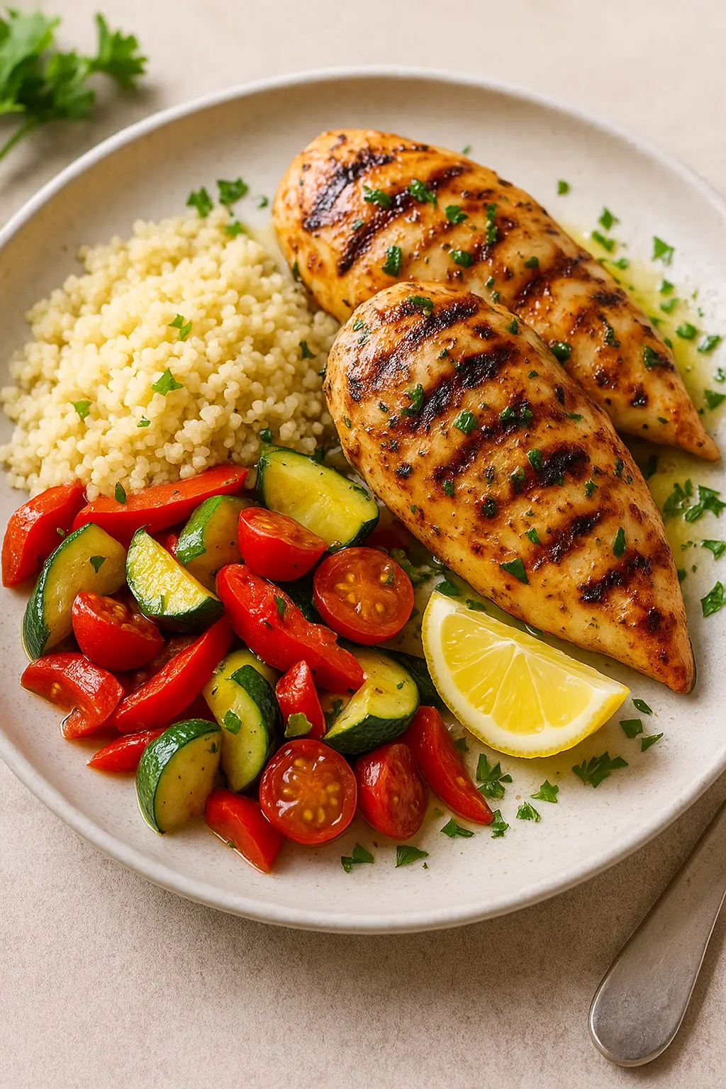 🥘 La Meilleure Recette Du Poulet grillé au citron et aux herbes, accompagné de légumes croquants et semoule fraîche