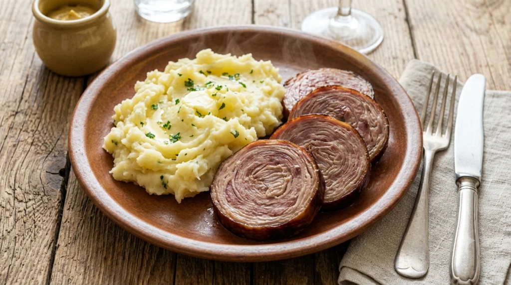 Andouille de Guémené chaude avec purée maison bretonne
